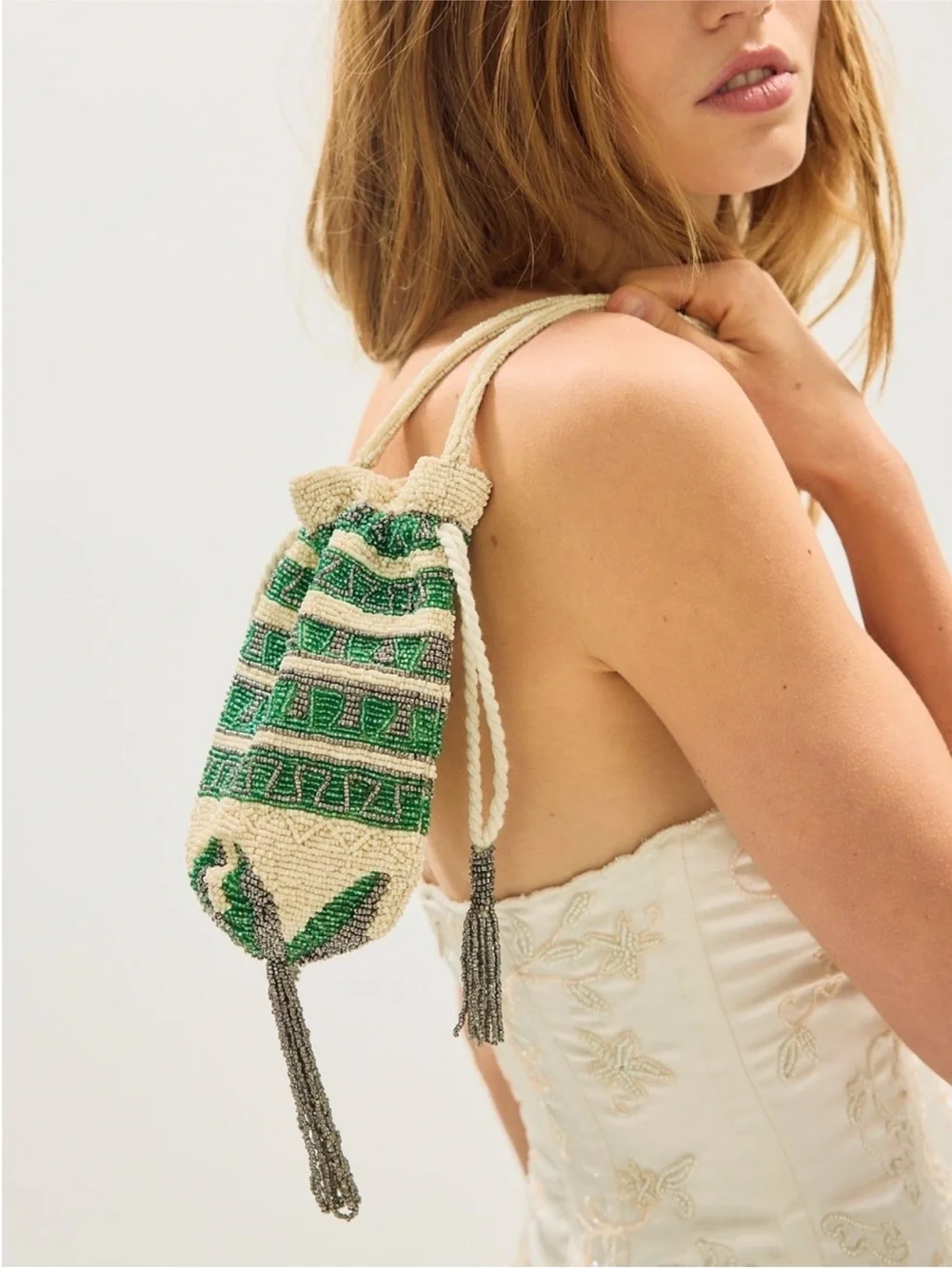NWT Free People Tassel Beaded Pouch-Green Ivory